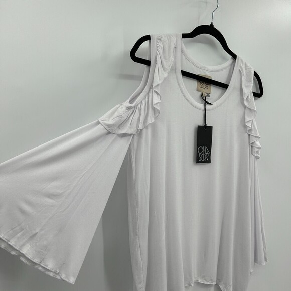 NWT CHASER White Bell Sleeve Cold Shoulder Ruffle Comfy Stretch Shirt Medium - Picture 5 of 6
